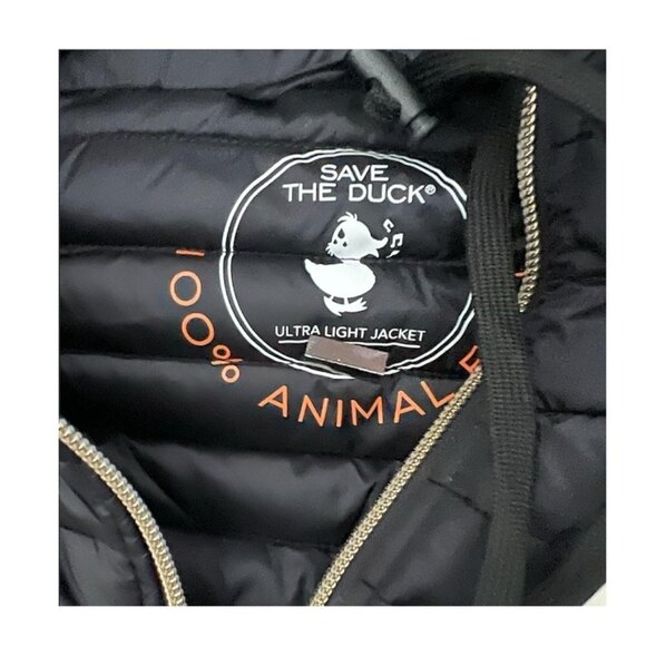Save The Duck Womens Black Hooded Water Resistant Shiny Puffer Jacket Sz L New - Picture 7 of 15